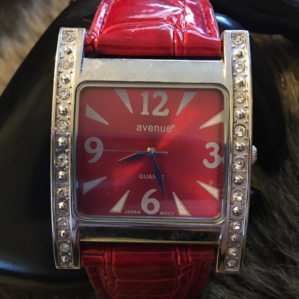 Ladies Avenue red croc embossed rhinestone watch